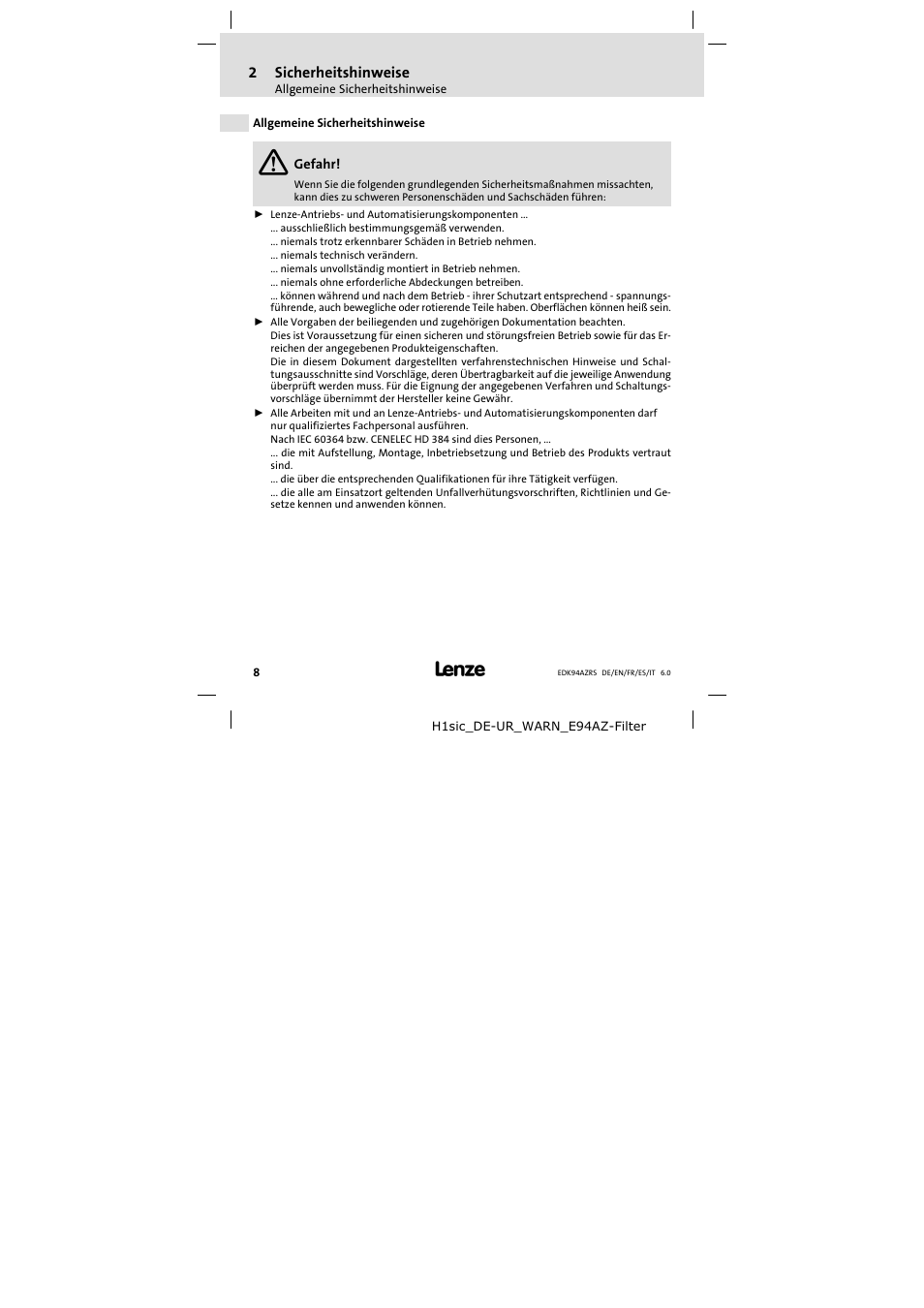 Sicherheitshinweise, Allgemeine sicherheitshinweise | Lenze E94AZRS0294 User Manual | Page 8 / 132