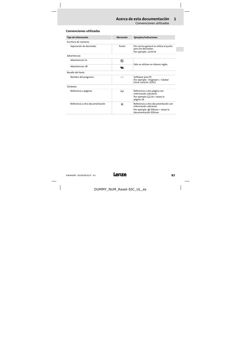 Convenciones utilizadas, Acerca de esta documentación | Lenze E94AZRS0294 User Manual | Page 83 / 132