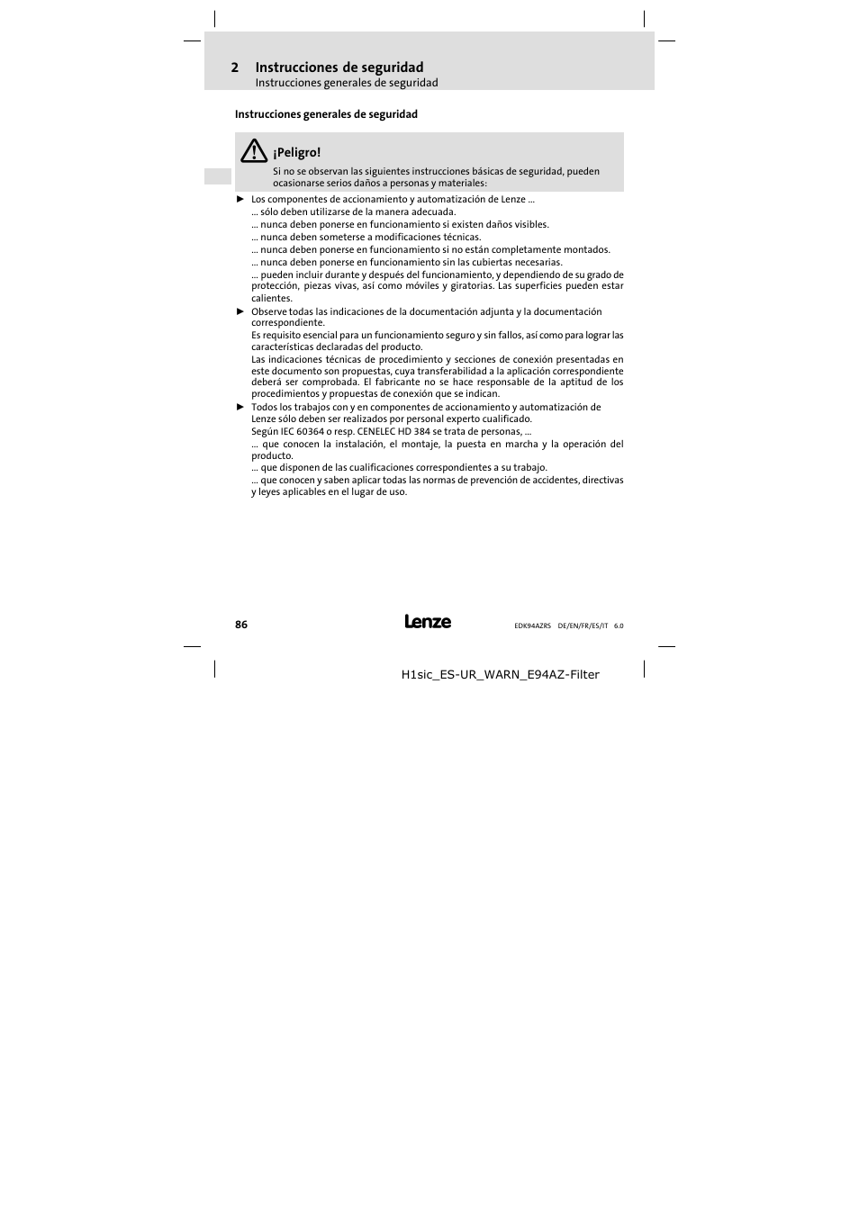 Instrucciones de seguridad, Instrucciones generales de seguridad | Lenze E94AZRS0294 User Manual | Page 86 / 132