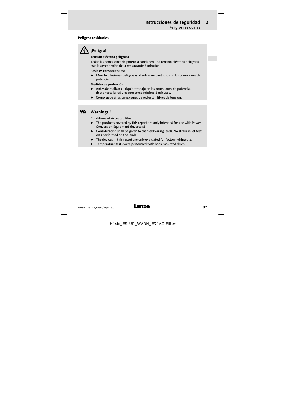 Peligros residuales | Lenze E94AZRS0294 User Manual | Page 87 / 132