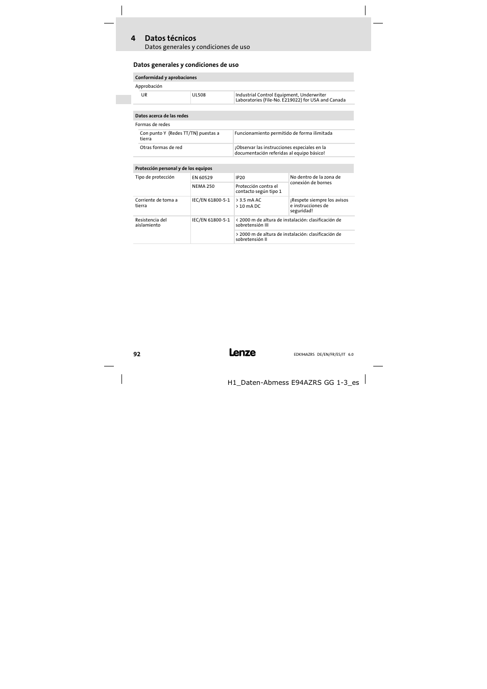 Datos técnicos, Datos generales y condiciones de uso, 4datos técnicos | Lenze E94AZRS0294 User Manual | Page 92 / 132