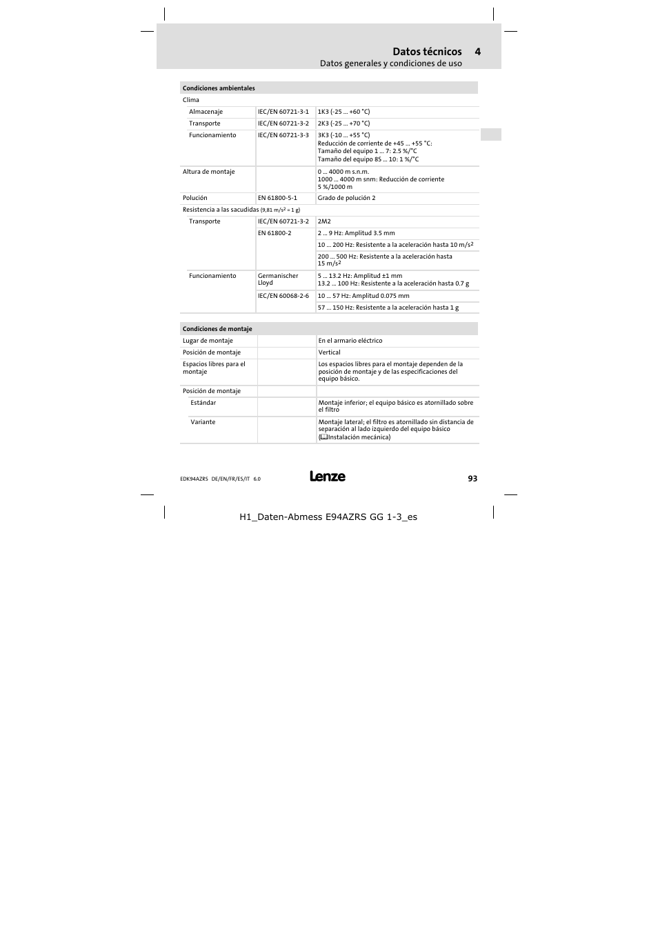 Datos técnicos | Lenze E94AZRS0294 User Manual | Page 93 / 132