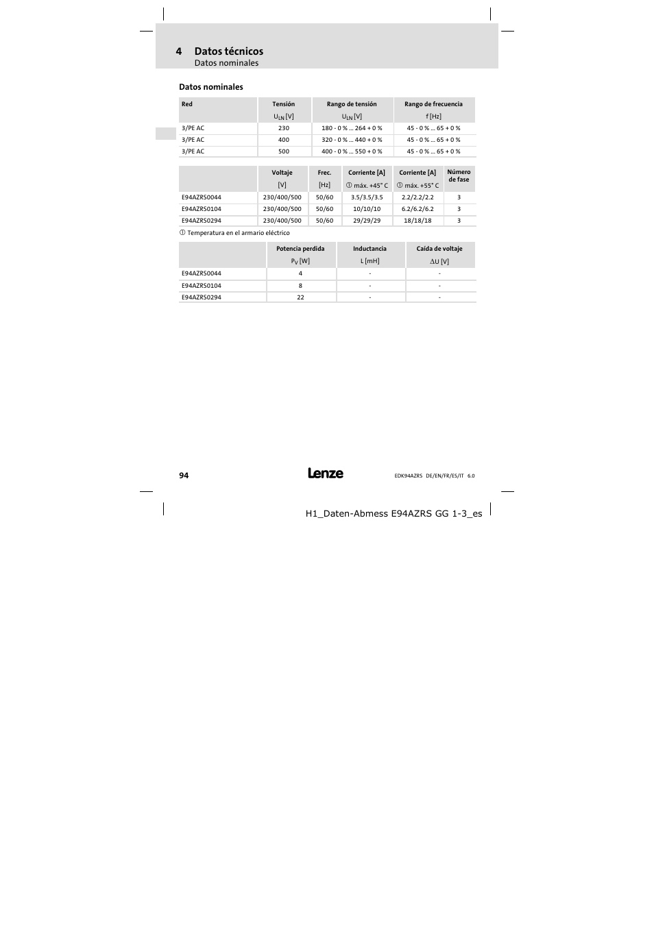 Datos nominales, 4datos técnicos | Lenze E94AZRS0294 User Manual | Page 94 / 132