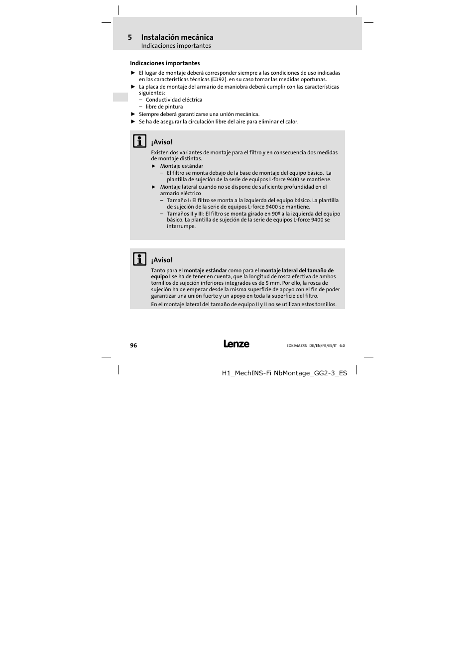 Instalación mecánica, Indicaciones importantes | Lenze E94AZRS0294 User Manual | Page 96 / 132