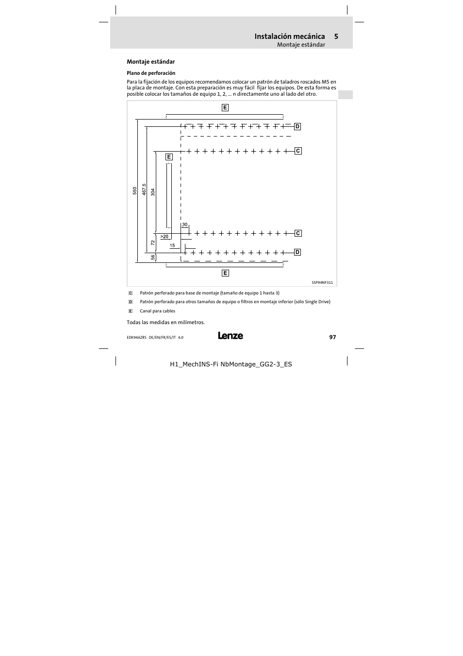 Montaje estándar, Plano de perforación, Instalación mecánica | Lenze E94AZRS0294 User Manual | Page 97 / 132