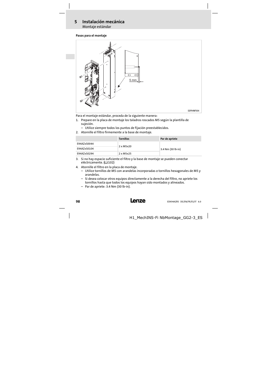 5instalación mecánica | Lenze E94AZRS0294 User Manual | Page 98 / 132