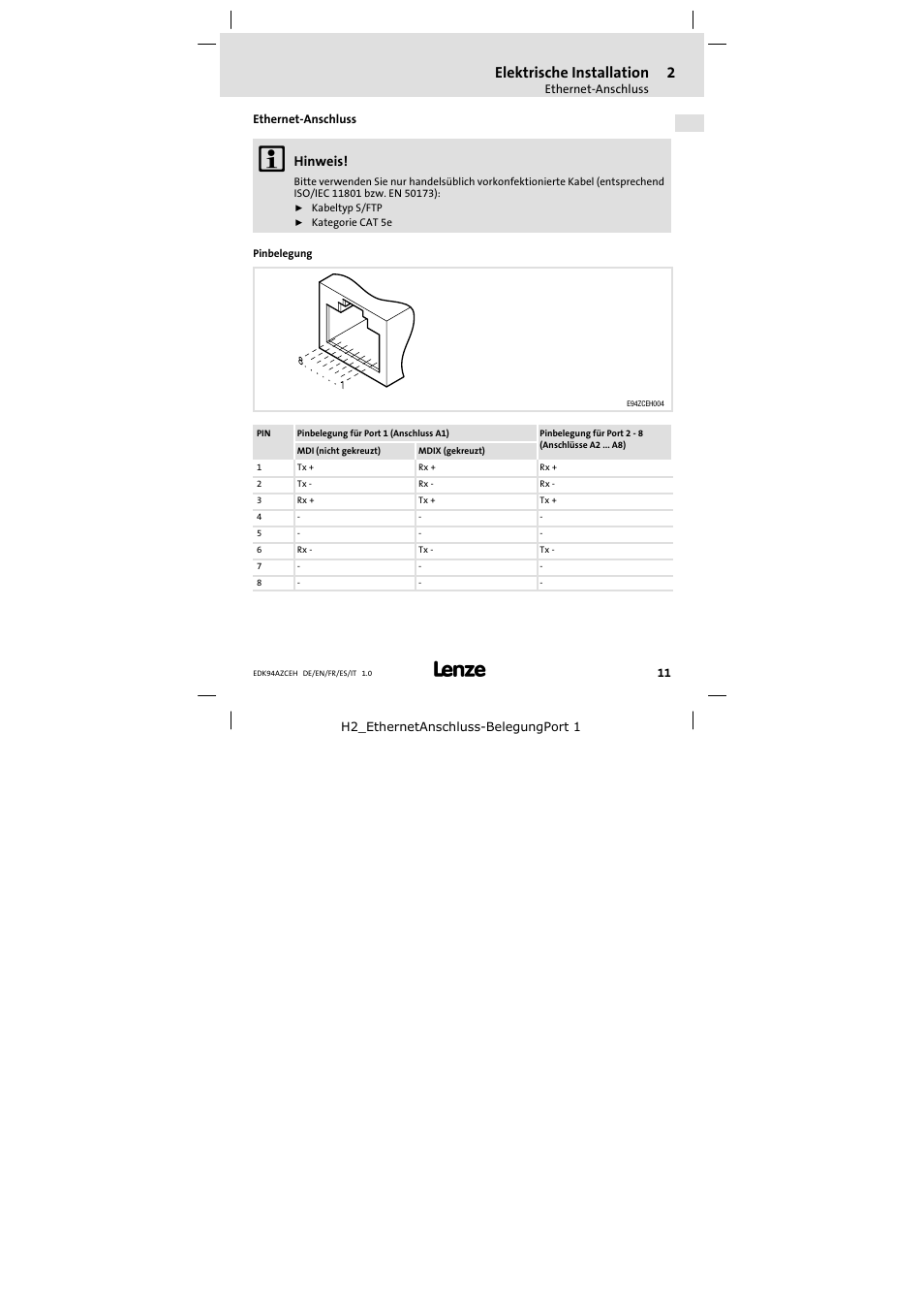 Ethernet-anschluss, Elektrische installation, Hinweis | Lenze E94AZCEH User Manual | Page 11 / 54