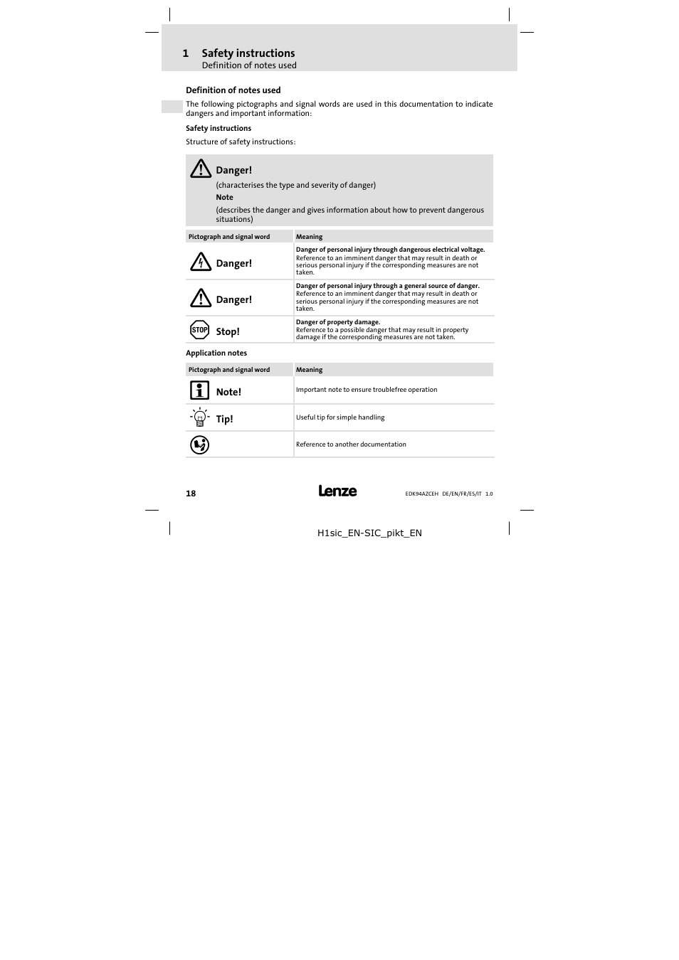 1 safety instructions, Definition of notes used, Safety instructions | Lenze E94AZCEH User Manual | Page 18 / 54