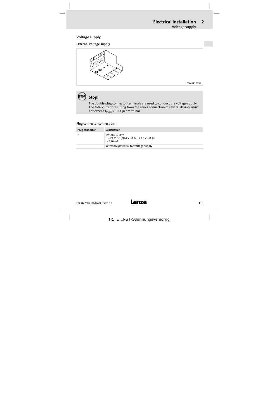 2 electrical installation, Voltage supply, Electrical installation | Lenze E94AZCEH User Manual | Page 19 / 54