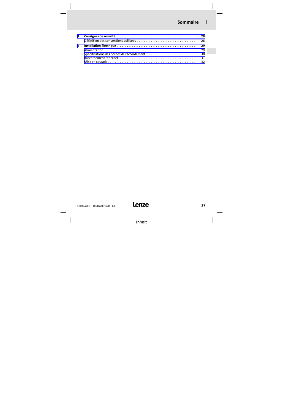 Sommaire, Sommaire i | Lenze E94AZCEH User Manual | Page 27 / 54