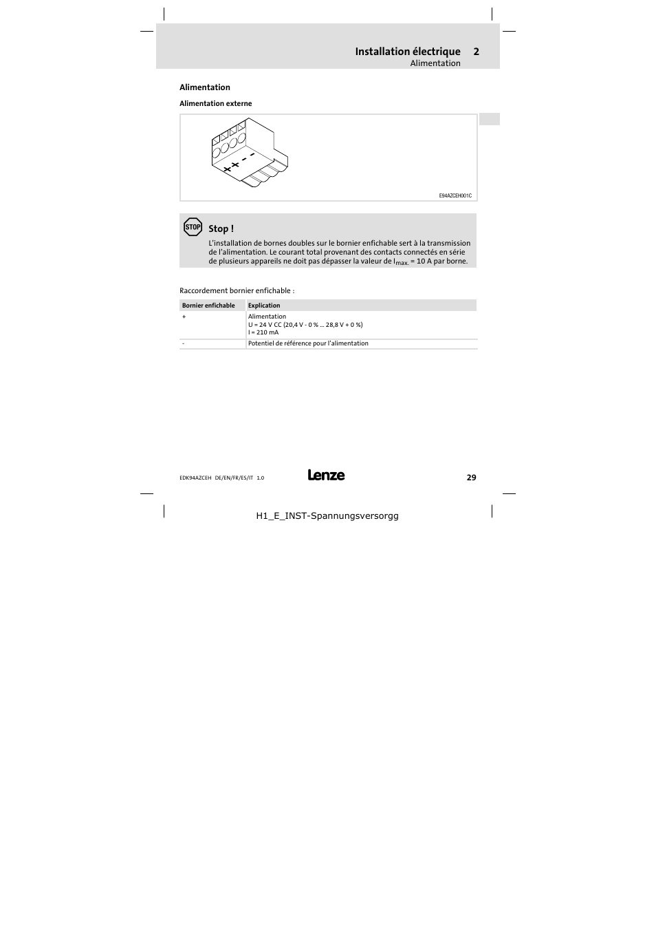 2 installation électrique, Alimentation, Installation électrique | Lenze E94AZCEH User Manual | Page 29 / 54