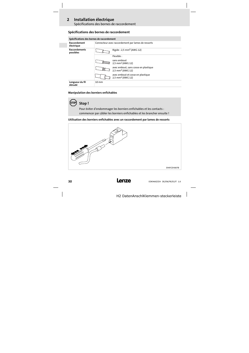 Spécifications des bornes de raccordement, 2 installation électrique, Stop | Lenze E94AZCEH User Manual | Page 30 / 54