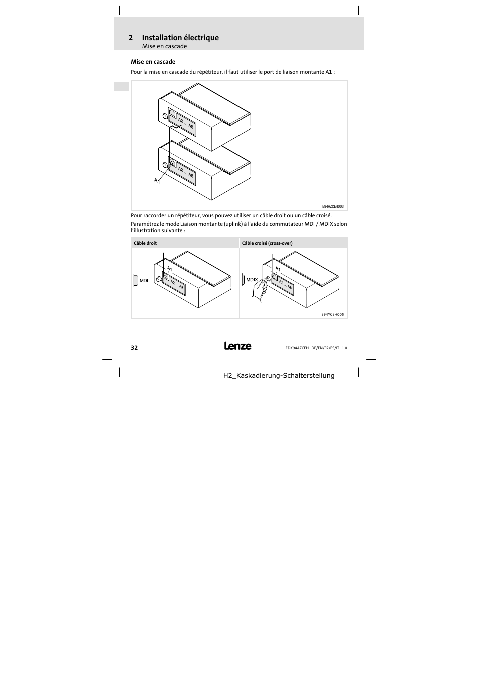 Mise en cascade, 2 installation électrique | Lenze E94AZCEH User Manual | Page 32 / 54