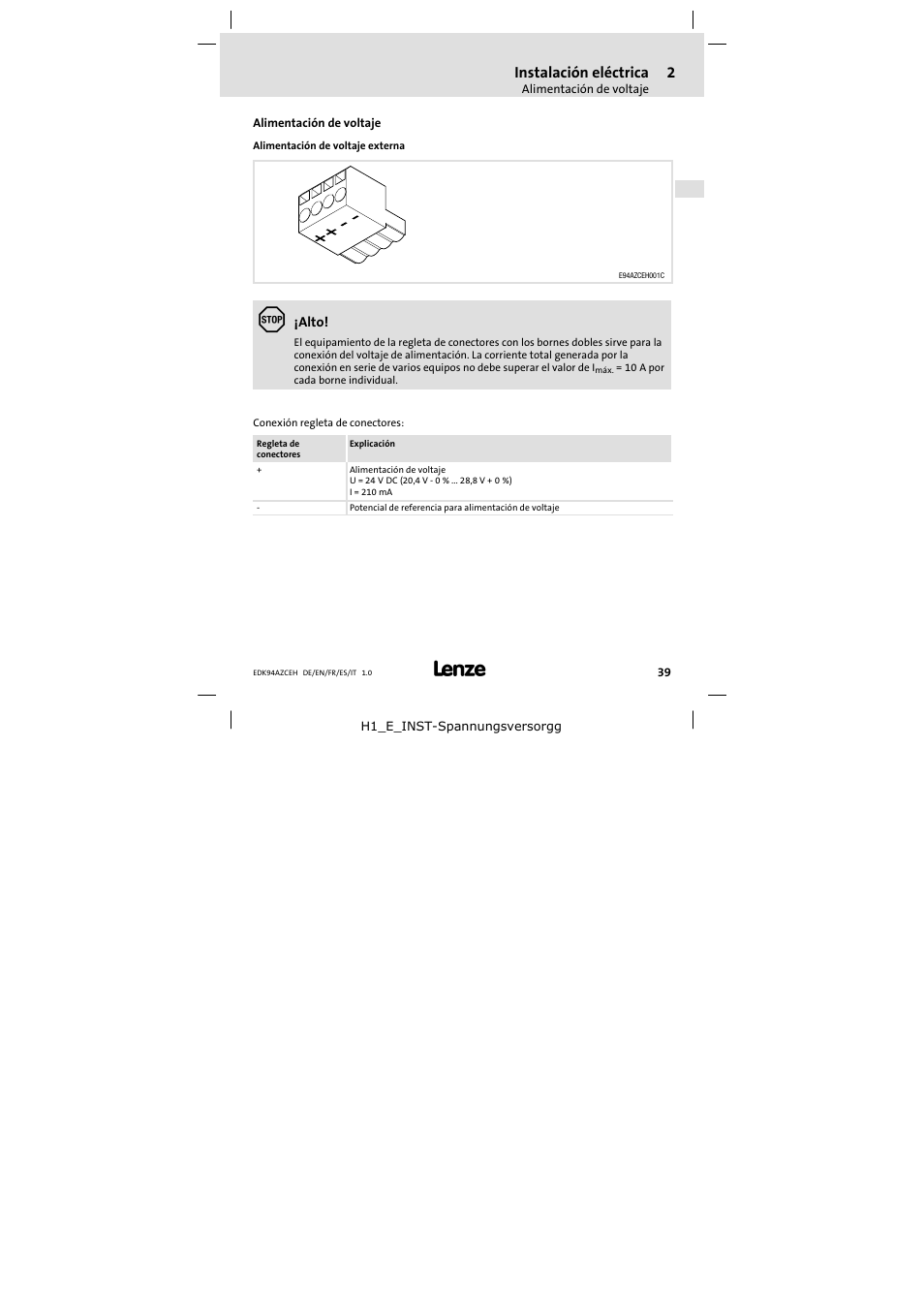 2 instalación eléctrica, Alimentación de voltaje, Instalación eléctrica | Lenze E94AZCEH User Manual | Page 39 / 54