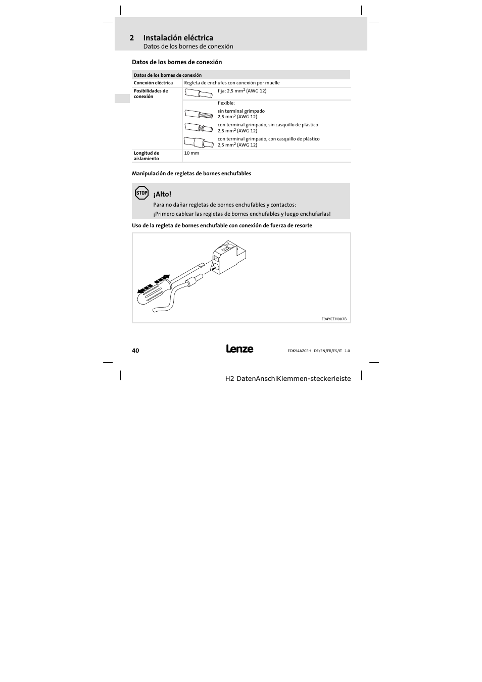 Datos de los bornes de conexión, 2 instalación eléctrica, Alto | Lenze E94AZCEH User Manual | Page 40 / 54