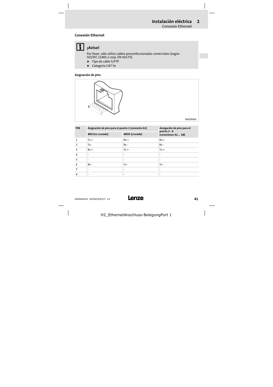 Conexión ethernet, Instalación eléctrica, Aviso | Lenze E94AZCEH User Manual | Page 41 / 54