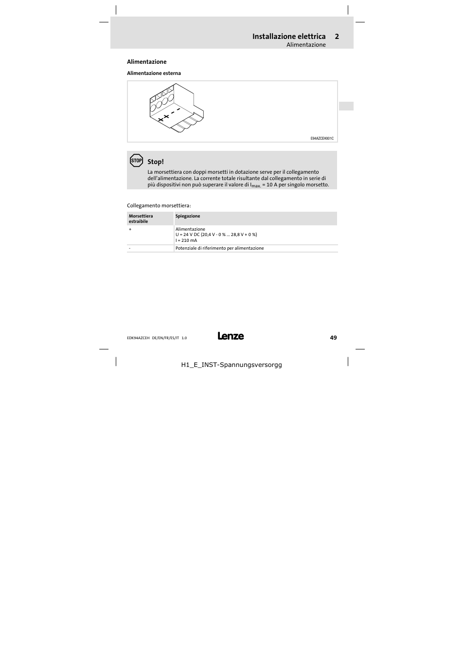 2 installazione elettrica, Alimentazione, Installazione elettrica | Lenze E94AZCEH User Manual | Page 49 / 54