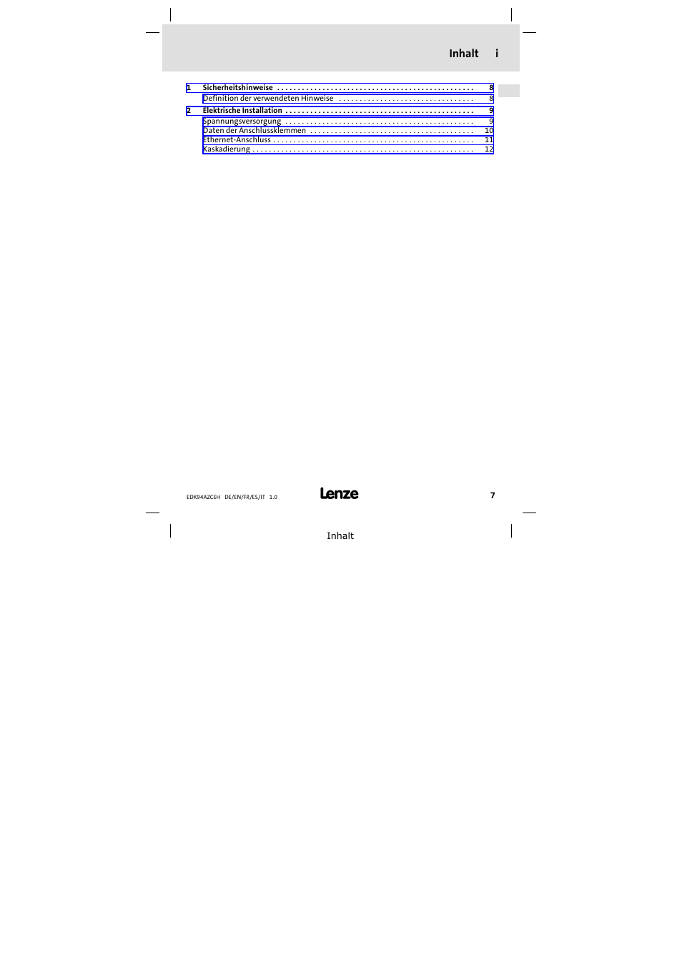 Inhalt, Inhalt i | Lenze E94AZCEH User Manual | Page 7 / 54