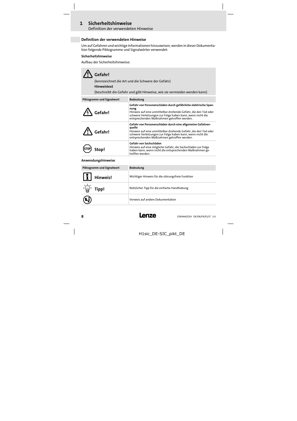 1 sicherheitshinweise, Definition der verwendeten hinweise, Sicherheitshinweise | Lenze E94AZCEH User Manual | Page 8 / 54