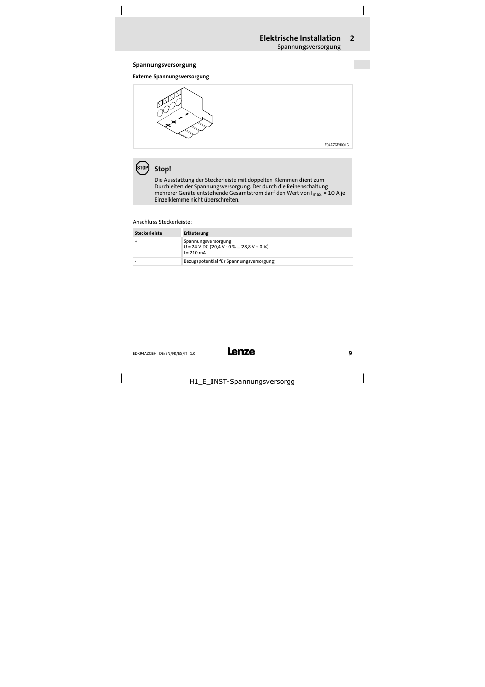 2 elektrische installation, Spannungsversorgung, Elektrische installation | Lenze E94AZCEH User Manual | Page 9 / 54
