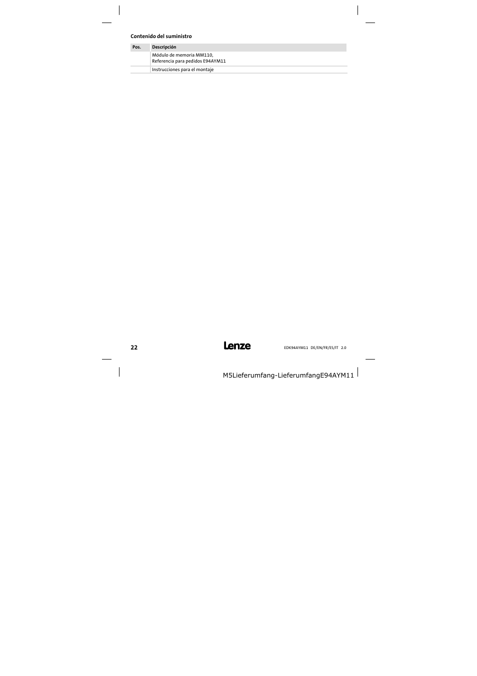 Lenze E94AYM11 User Manual | Page 22 / 34