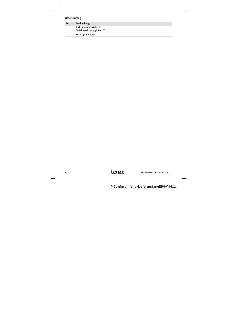 Lieferumfang | Lenze E94AYM11 User Manual | Page 4 / 34