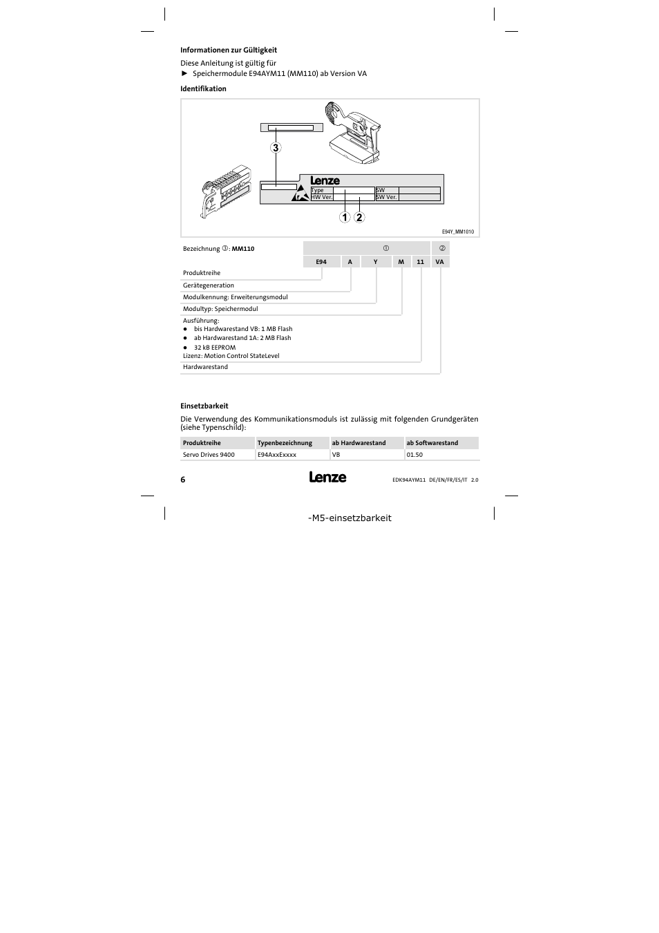 Informationen zur gültigkeit | Lenze E94AYM11 User Manual | Page 6 / 34