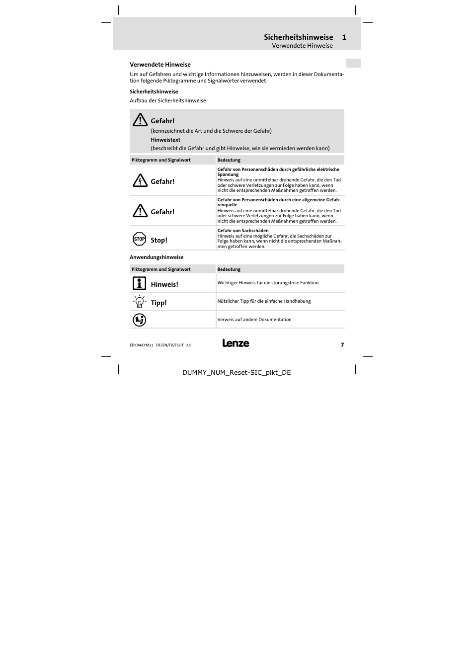 Sicherheitshinweise, Verwendete hinweise | Lenze E94AYM11 User Manual | Page 7 / 34