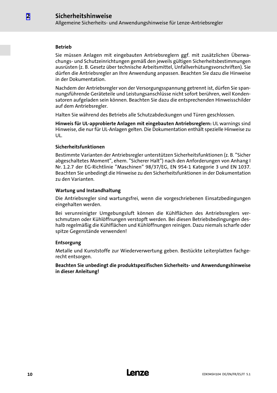 Sicherheitshinweise | Lenze E94ASHE Axis Single Drive 32-104A User Manual | Page 10 / 216