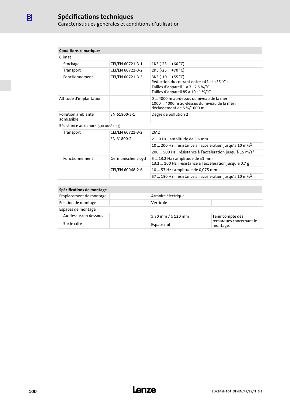 Spécifications techniques | Lenze E94ASHE Axis Single Drive 32-104A User Manual | Page 100 / 216