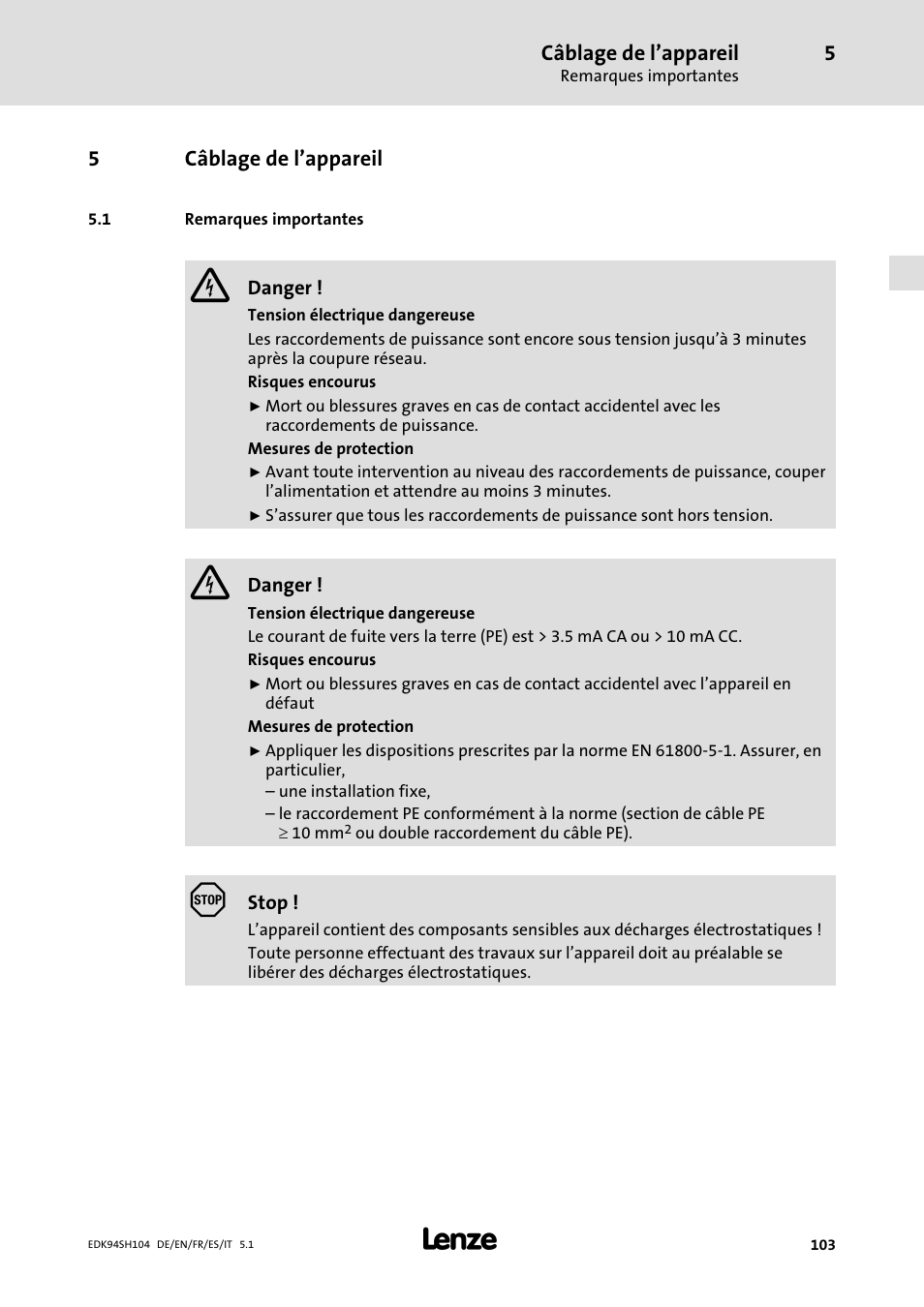 5 câblage de l'appareil, 1 remarques importantes, Câblage de l’appareil | Remarques importantes | Lenze E94ASHE Axis Single Drive 32-104A User Manual | Page 103 / 216