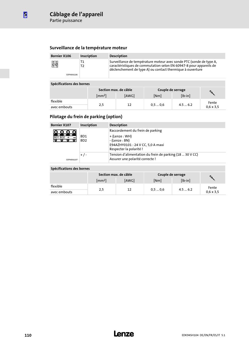 Câblage de l’appareil | Lenze E94ASHE Axis Single Drive 32-104A User Manual | Page 110 / 216