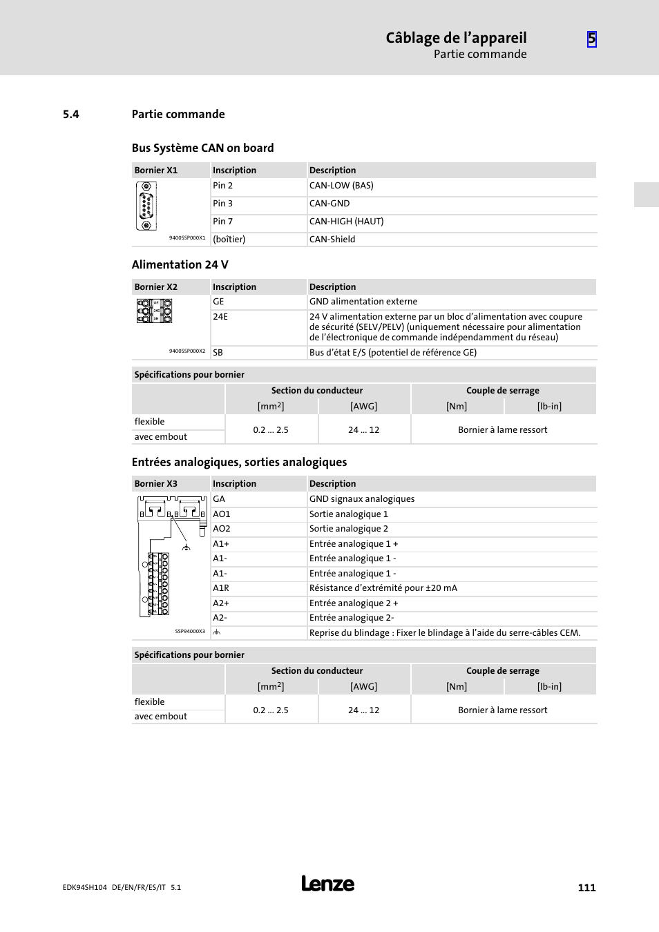 4 partie commande, Partie commande, Câblage de l’appareil | 4 partie commande bus système can on board, Alimentation 24 v, Entrées analogiques, sorties analogiques | Lenze E94ASHE Axis Single Drive 32-104A User Manual | Page 111 / 216