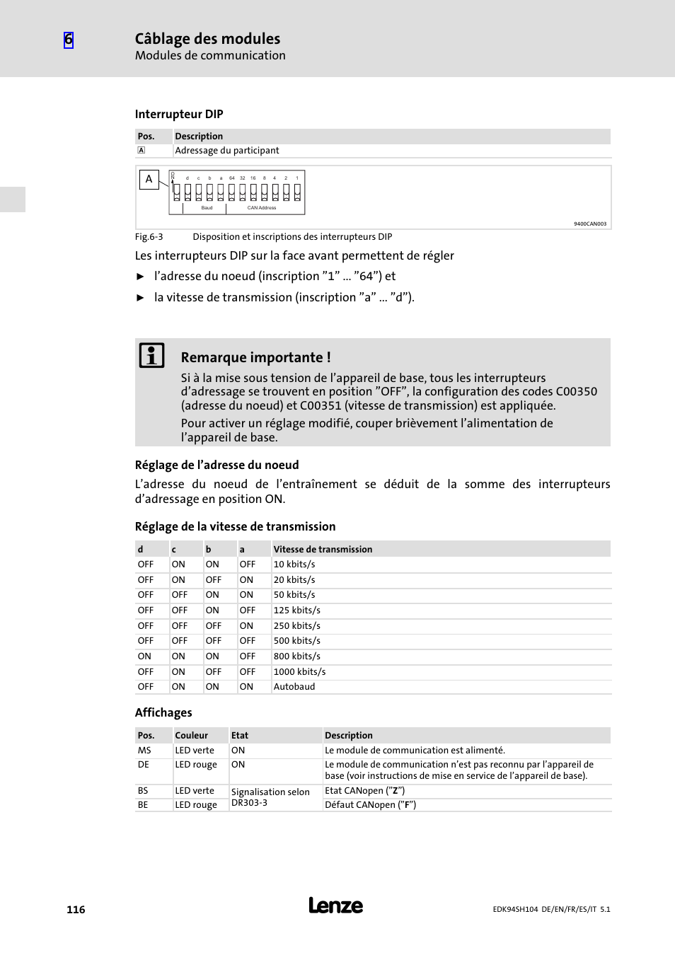 Câblage des modules, Remarque importante, Modules de communication | Interrupteur dip, L’adresse du noeud (inscription "1" ... "64") et, Affichages | Lenze E94ASHE Axis Single Drive 32-104A User Manual | Page 116 / 216