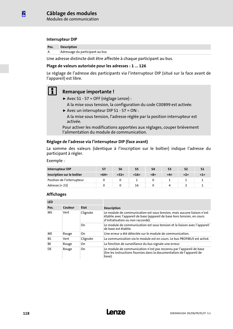 Câblage des modules, Remarque importante | Lenze E94ASHE Axis Single Drive 32-104A User Manual | Page 118 / 216