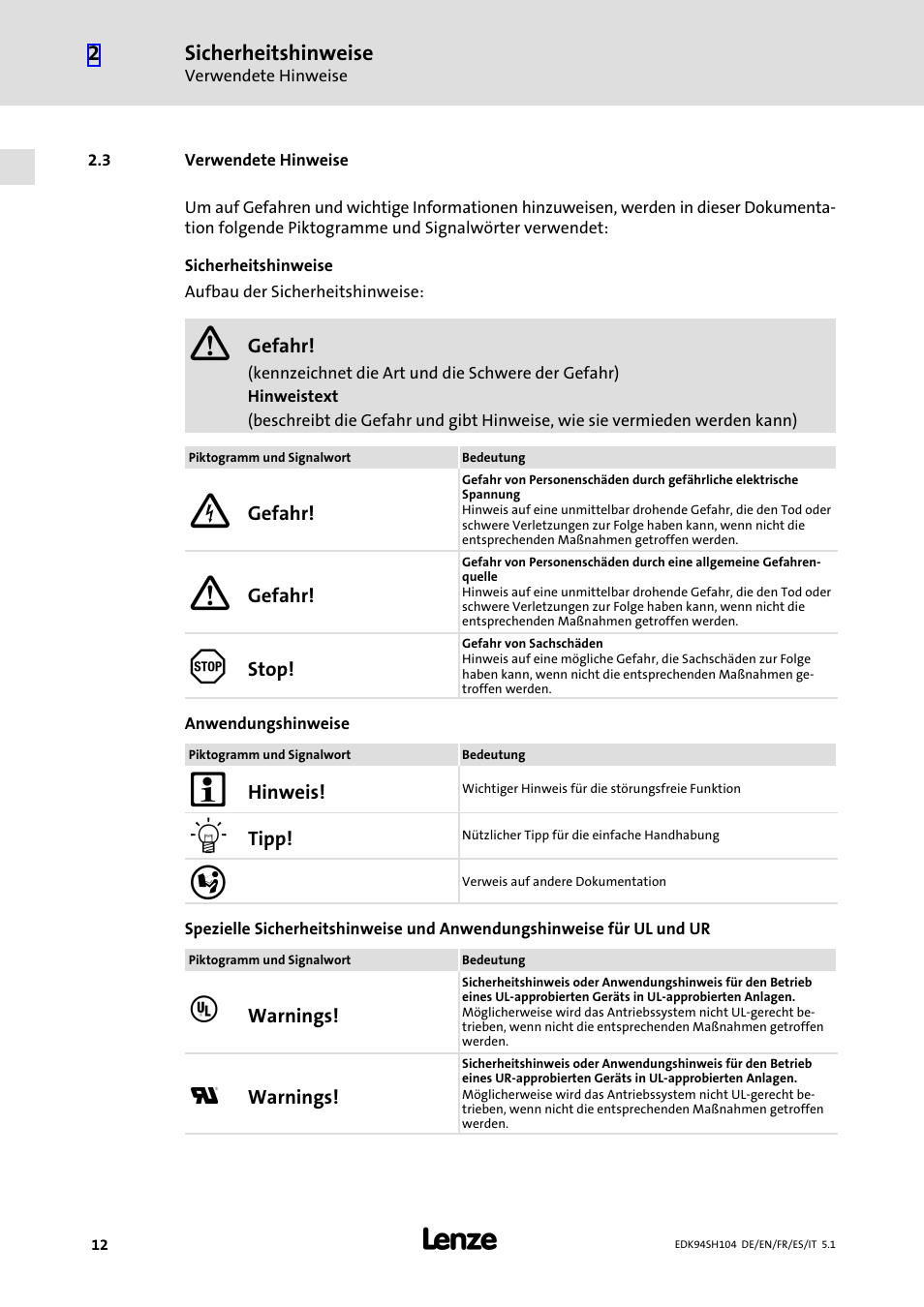 3 verwendete hinweise, Verwendete hinweise | Lenze E94ASHE Axis Single Drive 32-104A User Manual | Page 12 / 216