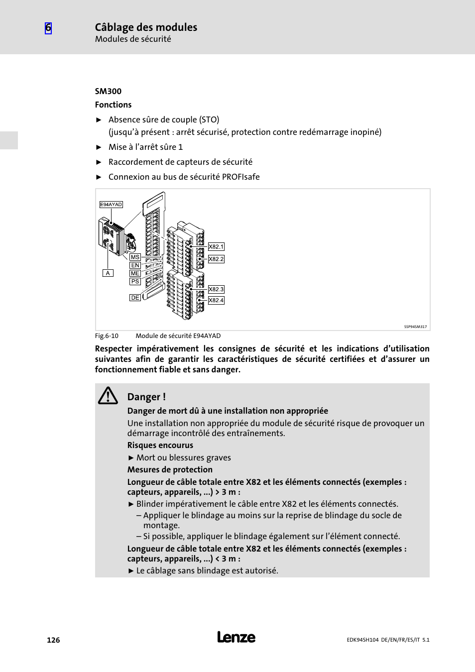 Câblage des modules | Lenze E94ASHE Axis Single Drive 32-104A User Manual | Page 126 / 216