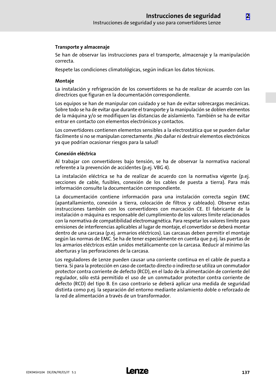 Instrucciones de seguridad | Lenze E94ASHE Axis Single Drive 32-104A User Manual | Page 137 / 216
