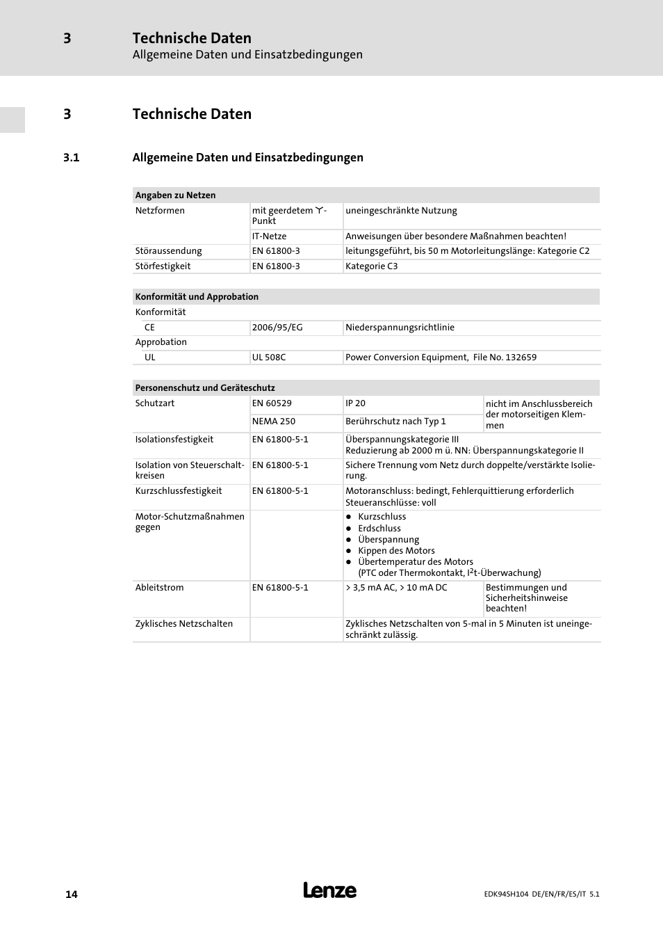 3 technische daten, 1 allgemeine daten und einsatzbedingungen, Technische daten | Allgemeine daten und einsatzbedingungen, 3technische daten | Lenze E94ASHE Axis Single Drive 32-104A User Manual | Page 14 / 216