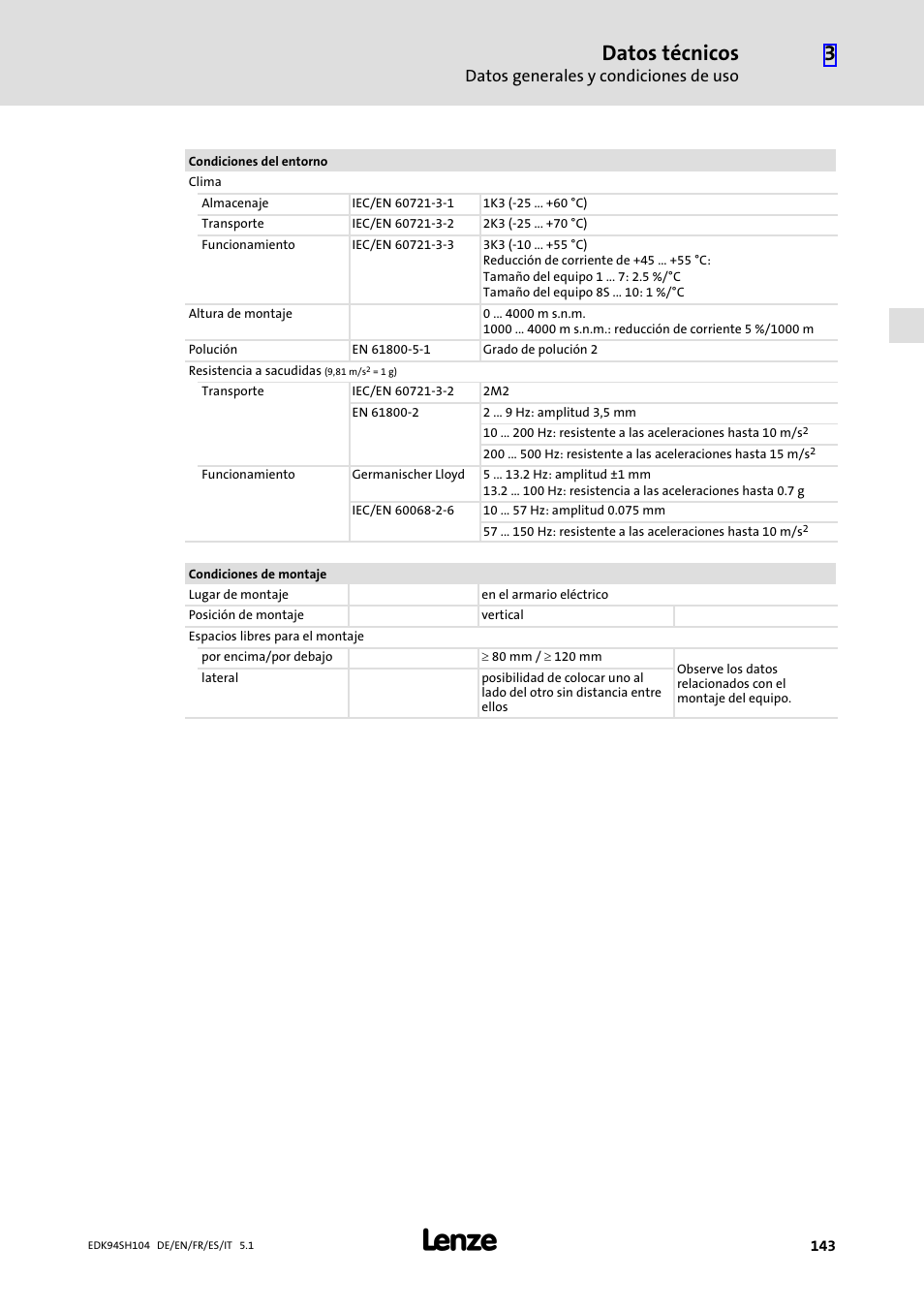 Datos técnicos, Datos generales y condiciones de uso | Lenze E94ASHE Axis Single Drive 32-104A User Manual | Page 143 / 216