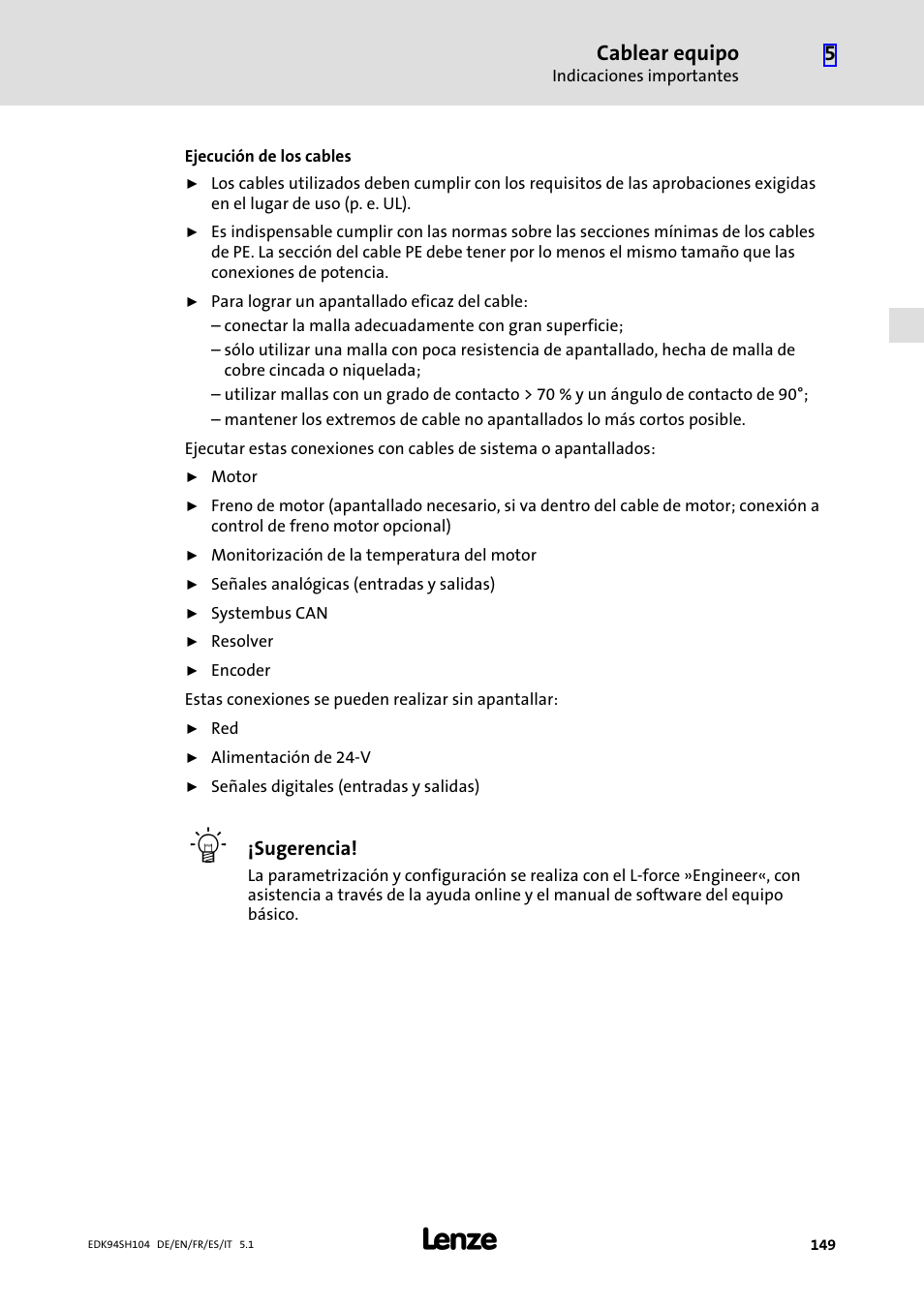 Cablear equipo | Lenze E94ASHE Axis Single Drive 32-104A User Manual | Page 149 / 216
