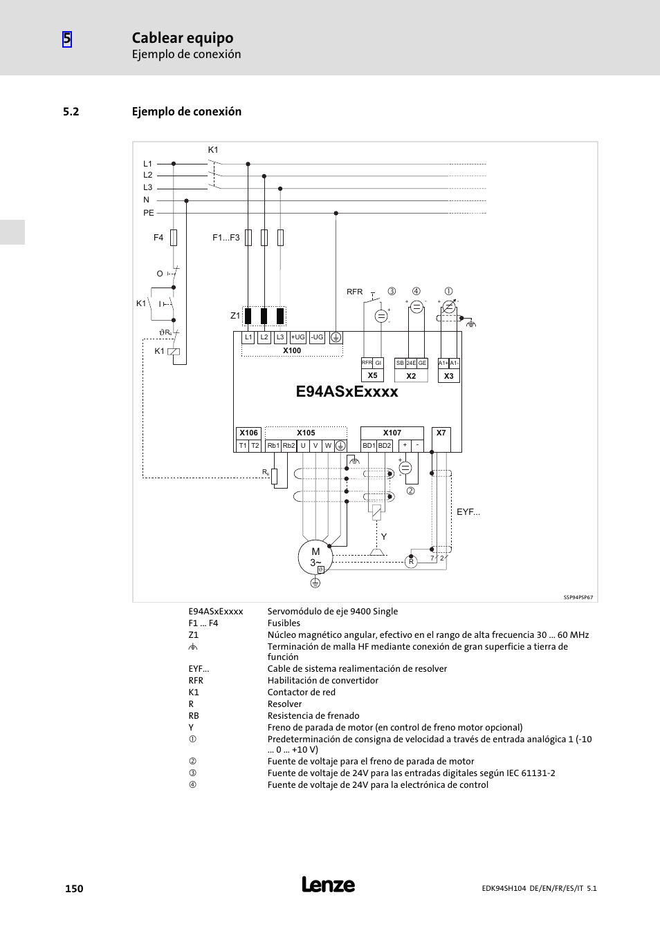 2 ejemplo de conexión, Ejemplo de conexión, Cablear equipo | Lenze E94ASHE Axis Single Drive 32-104A User Manual | Page 150 / 216