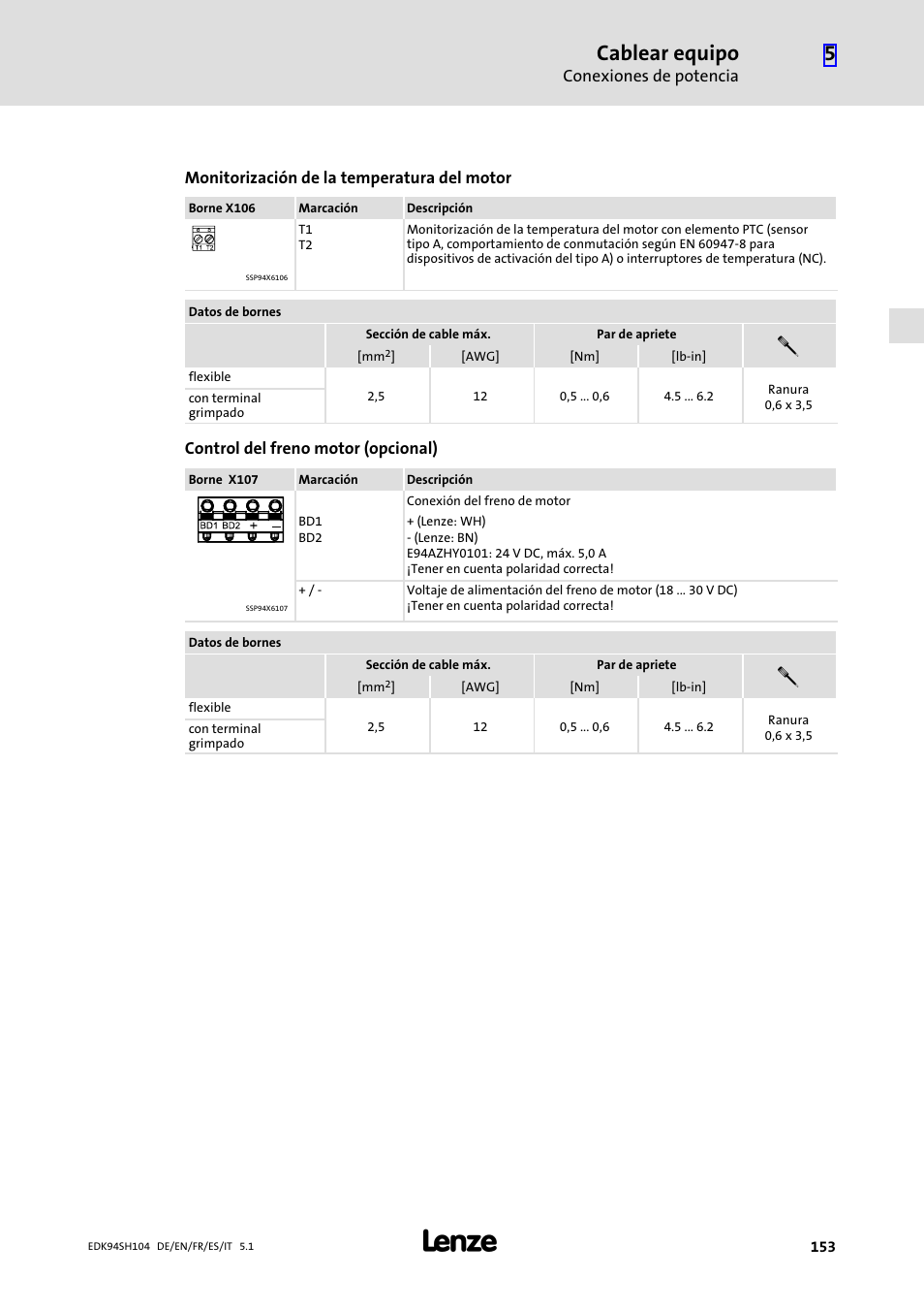 Cablear equipo | Lenze E94ASHE Axis Single Drive 32-104A User Manual | Page 153 / 216