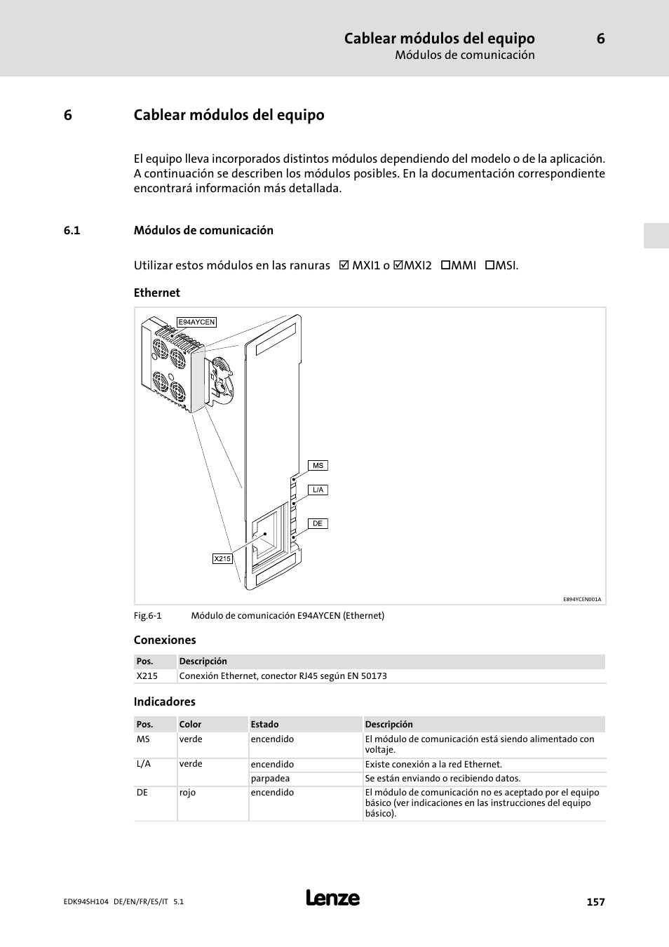 6 cablear módulos del equipo, 1 módulos de comunicación, Cablear módulos del equipo | Módulos de comunicación, 6cablear módulos del equipo | Lenze E94ASHE Axis Single Drive 32-104A User Manual | Page 157 / 216