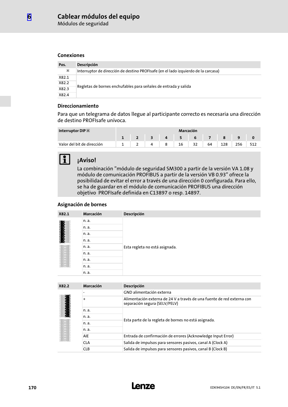 Cablear módulos del equipo, Aviso | Lenze E94ASHE Axis Single Drive 32-104A User Manual | Page 170 / 216