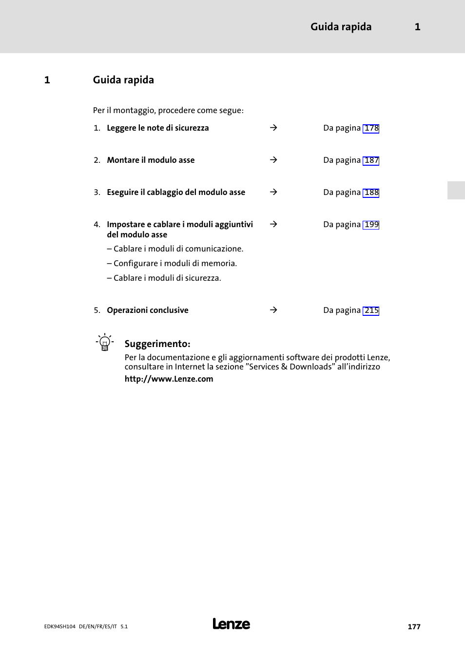 1 guida rapida, Guida rapida | Lenze E94ASHE Axis Single Drive 32-104A User Manual | Page 177 / 216