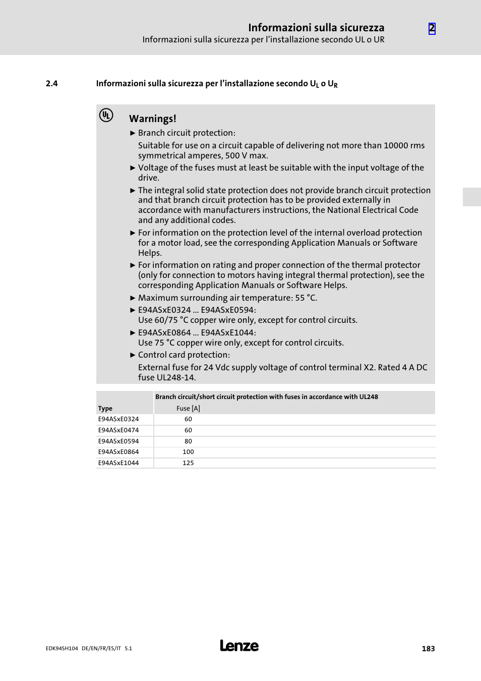 Informazioni sulla sicurezza, Warnings | Lenze E94ASHE Axis Single Drive 32-104A User Manual | Page 183 / 216