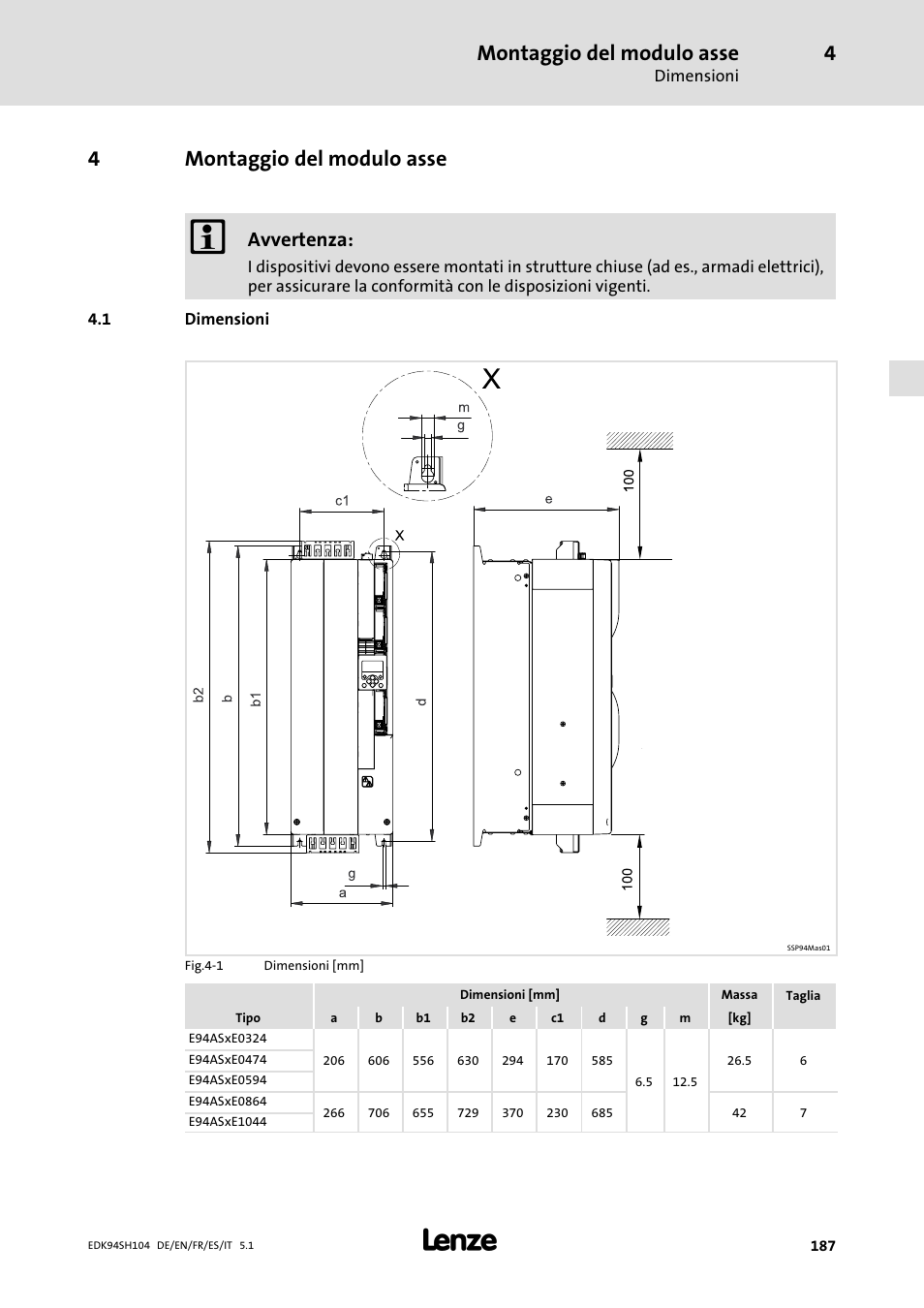 4 montaggio del modulo asse, 1 dimensioni, Montaggio del modulo asse | Dimensioni, 4montaggio del modulo asse, Avvertenza | Lenze E94ASHE Axis Single Drive 32-104A User Manual | Page 187 / 216