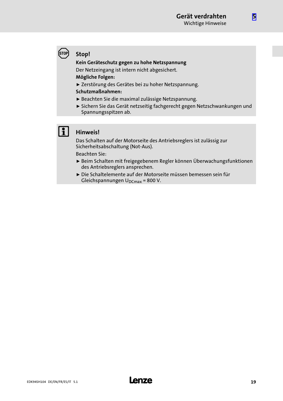 Lenze E94ASHE Axis Single Drive 32-104A User Manual | Page 19 / 216
