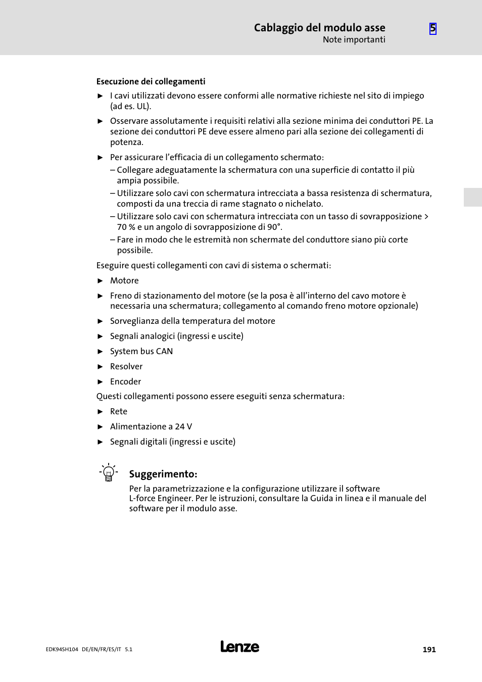 Cablaggio del modulo asse | Lenze E94ASHE Axis Single Drive 32-104A User Manual | Page 191 / 216
